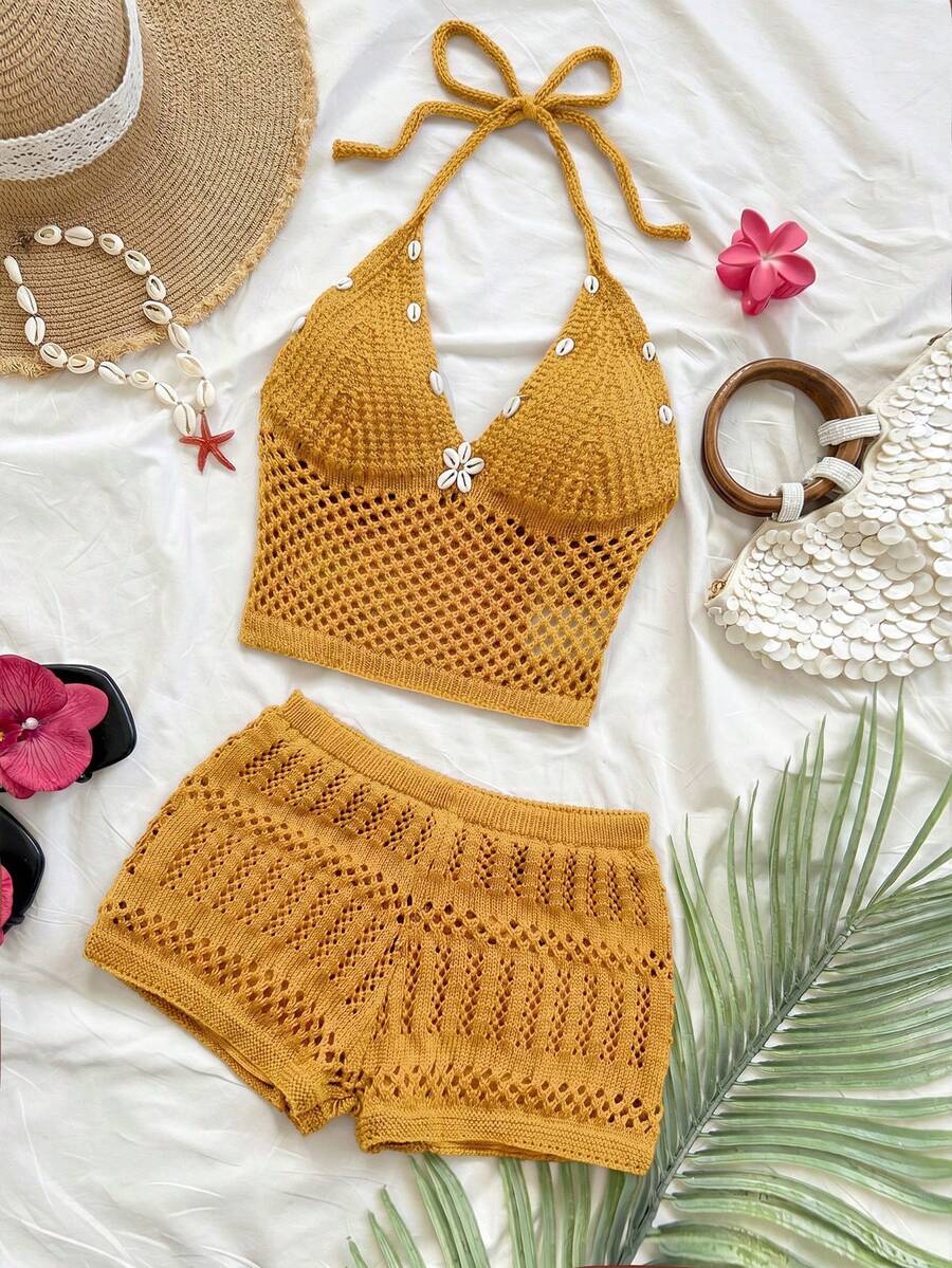 Soleia New Vacation Halter Neck Tank Top And Shorts Casual Knit 2 Pieces Set - Yellow - View 1