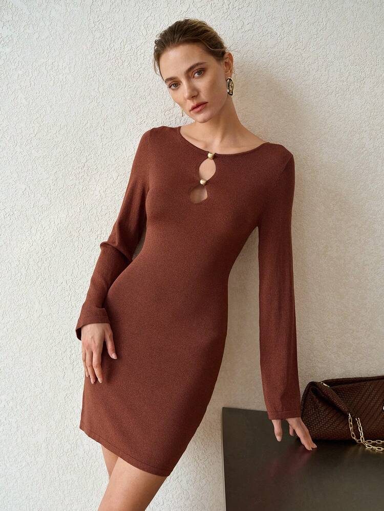 WOMEN'S SOLID COLOR KEYHOLE NECK LONG SLEEVE FITTED SWEATER DRESS