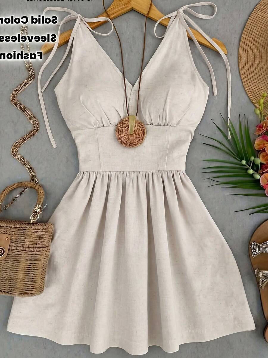SHEIN Franclia Vestido de verano nuevo para mujer con escote en V y tirantes finos, estilo vacacional - Albaricoque - Ver 1