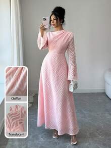 Modelyn Đầm midi nữ thanh lịch, chất liệu vải có họa tiết, tay loe, thắt eo, thích hợp cho mùa xuân/thu. - Hồng - Xem 7