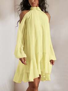 Opulessa Women's Solid Color Woven Casual Mini Dress, Spring/Summer,Wedding Guest Dress Women - Light Yellow - View 8