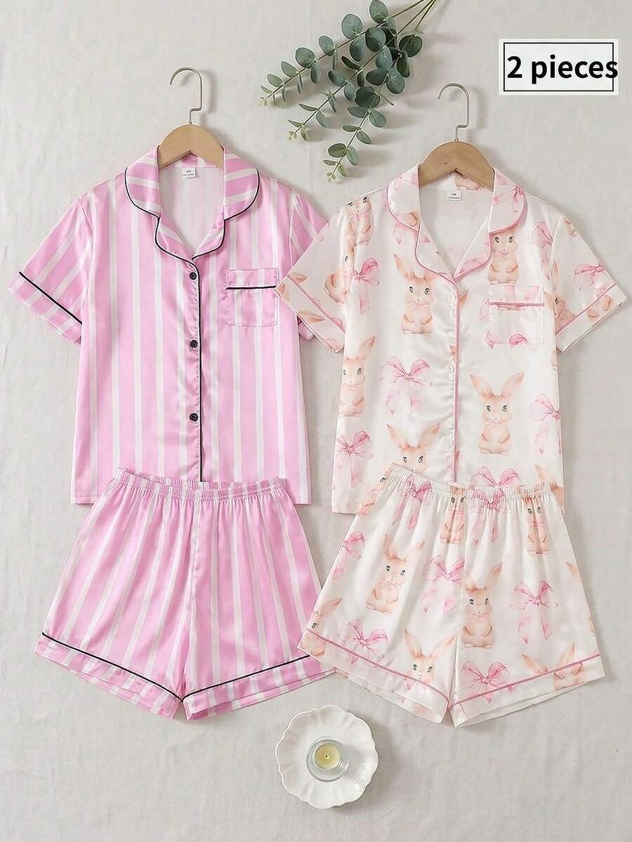 4-Piece Girls Pink And White Striped,Summer,Cute,Home Wear,Sleep Pajamas Set,Rabbit Cartoon Print Satin Short Sleeve Shorts Sleepwear Loungewear - Multicolor - View 1