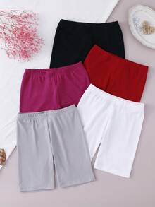 5pcs/Set Girls' Solid Color Leggings, Comfortable Fitted Short Design, Suitable For Spring/Summer - Multicolor - View 3