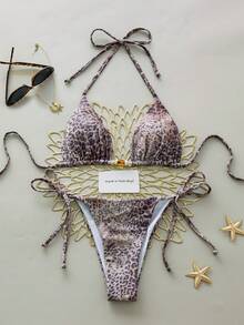 Swim Chiccia Women's Sexy Leopard Print Halter Tie Bikini Set, Elegant Beach Swimwear, Spring/Summer - Multicolor - View 5