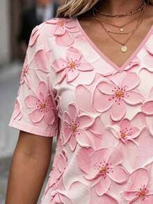 EMERY ROSE Kaos Kasual Lengan Pendek Leher V Motif Bunga untuk Wanita Ukuran Besar, Musim Panas - MultiWarna - View 3