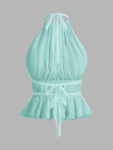SHEIN PETITE Women's Pleated Halter Neckline Waist-Tied Backless Tank Top,Summer Top - Baby Blue - View 9