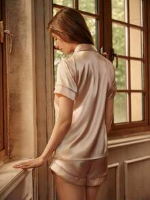 Contrast Piping Button Front Satin PJ Set / Pajama Set - Baby Pink - View 2