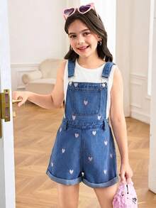 SHEIN Tween Girl Heart Print Pocket Casual Denim Romper - Dark Wash - View 5