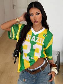 Coolane Summer For Women Streetwear Going Out City Break Casual Festival Number Printed Oversized Baseball Jersey T-Shirt,Brazil Cup 2026 Tops Green Striped - Multicolor - View 4
