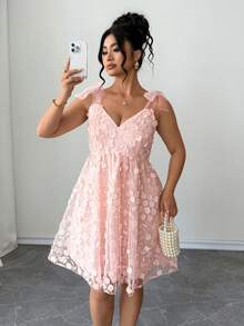 Elenzga Plus Size Women Elegant Woven Bowknot Strap Double Layer Jacquard Dress - Pink - View 7