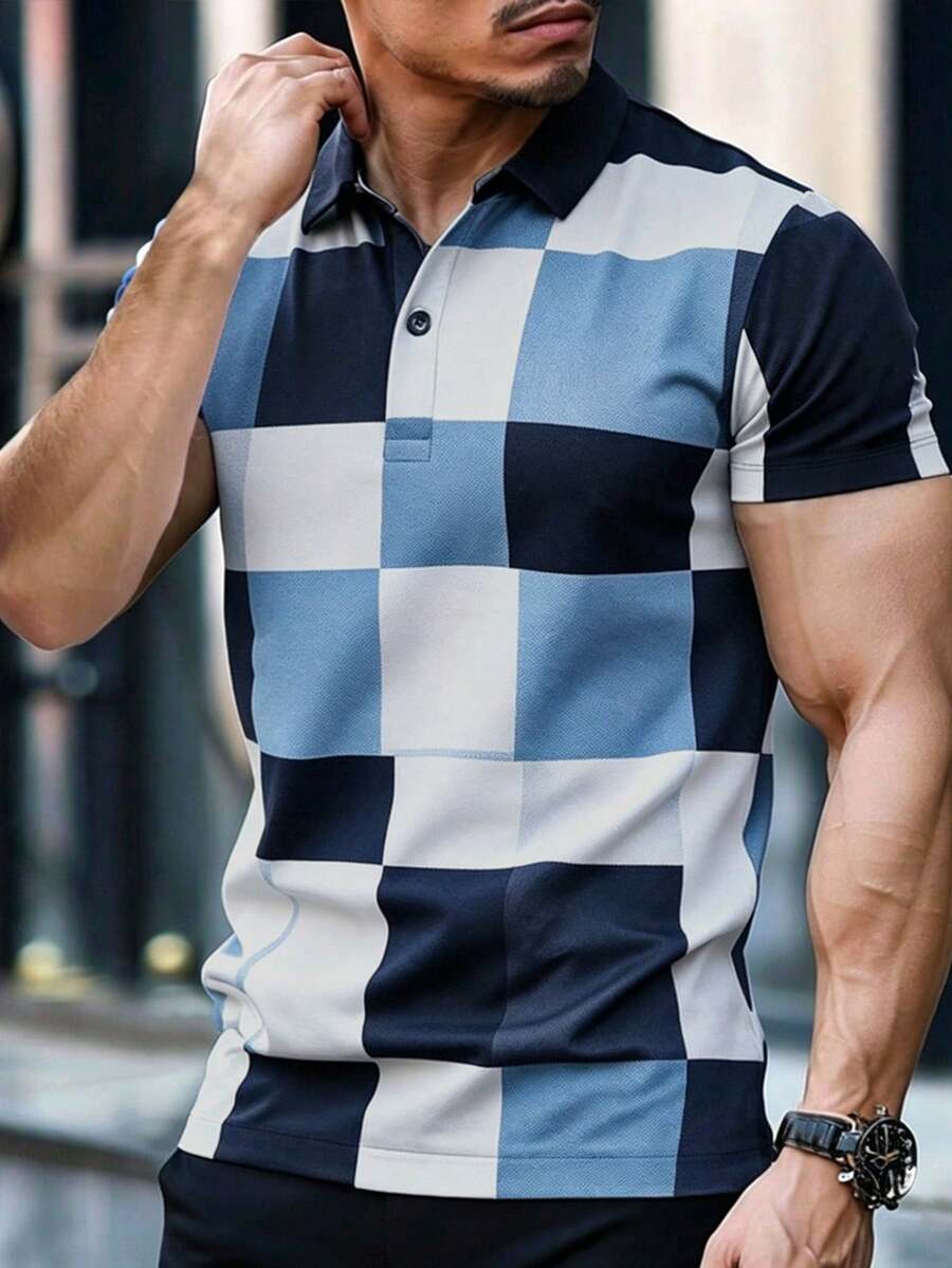 Manfinity Mode Men's Plaid Print Short Sleeve Casual Commuter Polo Shirt - Blue - View 1