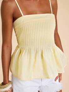 Travachic Áo camisole nữ màu trơn, thiết kế xếp ly, kiểu dáng thường ngày. - Màu vàng - Xem 6