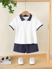 SHEIN 2件套婴儿撞色POLO领短袖套头衫和松紧腰短裤套装 - 彩色 - 查看 9
