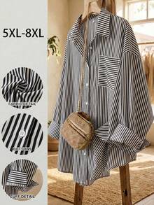 SHEIN CURVE+ 大码女式休闲日常/工作/旅行条纹印花宽松落肩长袖衬衫，春秋季 - 黑與白 - 查看 1