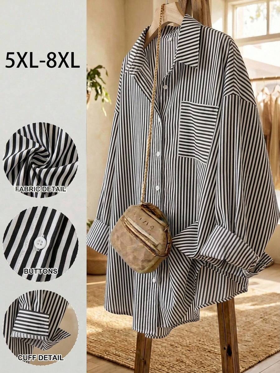 SHEIN CURVE+ 大码女式休闲日常/工作/旅行条纹印花宽松落肩长袖衬衫,春秋季 - 黑與白 - 查看 1