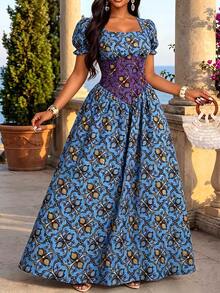 Lunelith SHEIN Lunessa Vestido de verano para mujer con estampado completo, cuello cuadrado y manga corta, estilo vintage, vestidos de verano, vestidos largos, vestidos de boda, casuales, elegantes, para vacaciones de verano - Multicolor - Ver 1
