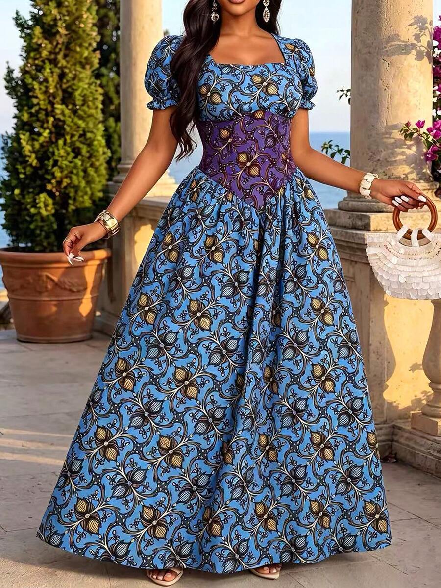 Lunelith SHEIN Lunessa Vestido de verano para mujer con estampado completo, cuello cuadrado y manga corta, estilo vintage, vestidos de verano, vestidos largos, vestidos de boda, casuales, elegantes, para vacaciones de verano - Multicolor - Ver 1