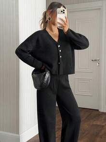 SHEIN Solid Rhinestone Button Front Knit Cardigan & High Waist Wide Leg Pants Set - Black - View 10