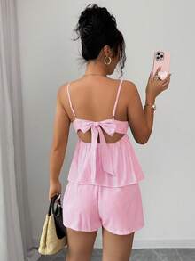 Selianne Camiseta sin espalda de lino con cuello en V profundo a rayas azul y blanco, de cintura baja con cordón, suelta y casual, corta y sexy, elegante para el verano para mujer, diseño con lazo sin espalda para vacaciones de verano - Rosa - Ver 2
