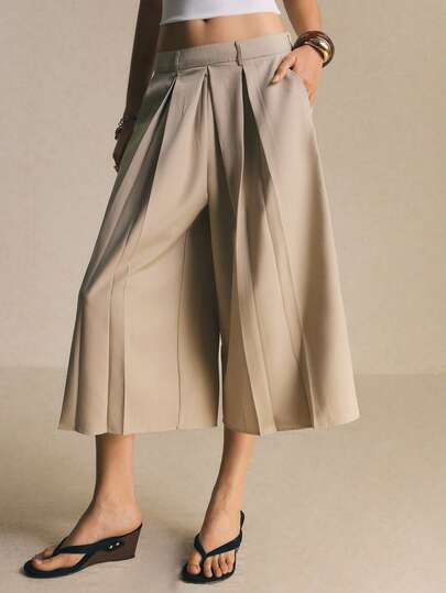 Poéselle Women's Pants Chic High-Waist Pleated Culotte Trousers – Wide-Leg Cropped Palazzo Pants For Effortless Office-To-Weekend Style Wide Leg Trousers Women Culotte Pants Outfit Cropped Palazzo Pants Beige Wide Leg Pants High Waist Culottes Flowy Summer Pants Minimalist Workwear Pleated Pants Women Neutral Tone Outfit Relaxed Office Style Solid Color Pleated Pocket Casual Versatile Daily Wear Wide Leg Pants Bottom