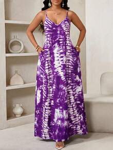 SHEIN Lady Đầm slip nữ kiểu tie-dye có túi, thích hợp cho kỳ nghỉ. - Màu tím - Xem 4