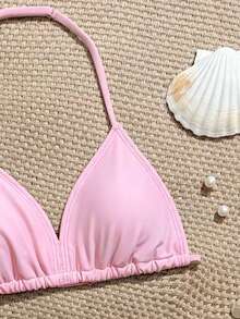 SHEIN Bộ bikini cho bé gái tuổi teen, đồ bơi hai mảnh màu hồng bằng vải dệt kim, kiểu tam giác, cổ yếm, thời trang thường ngày, thanh lịch cho bãi biển, hồ bơi, kỳ nghỉ hè. - Hồng - Xem 3