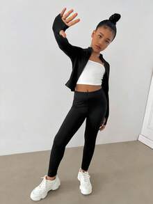SHEIN Tween Girls' Solid Color Casual Long Sleeve Sportswear,Kids - Black - View 5