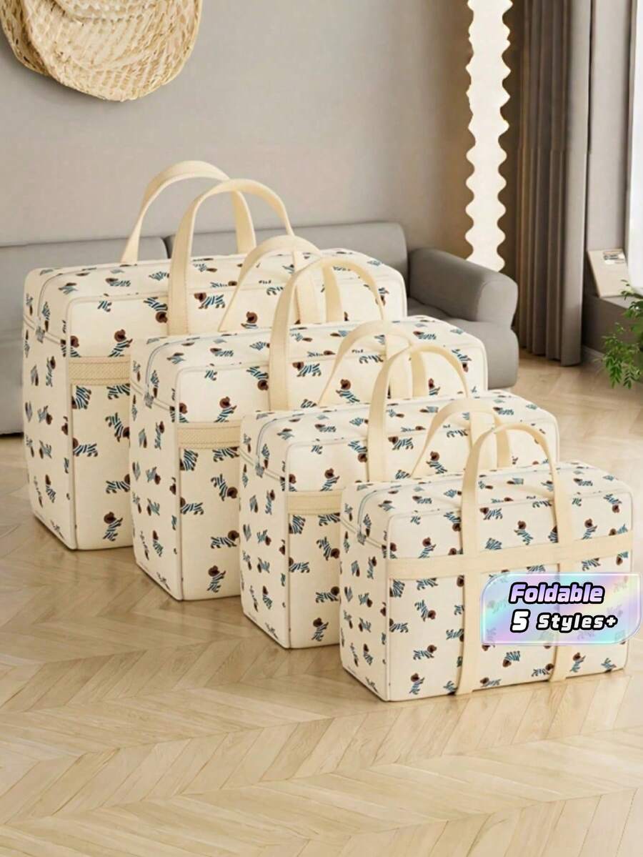 Beige Dog Print Moving Bag Extra Large Capacity Heavy Duty Foldable Non Woven Fabric Quilt Blanket Storage Organizer Portable Handles Dust Proof - Beige - View 1