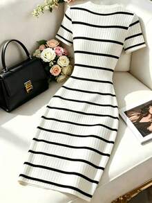 GlowEve Women's Striped Round Neck Short Sleeve Button Design Casual Mid-Length Dress - Black and White - View 2