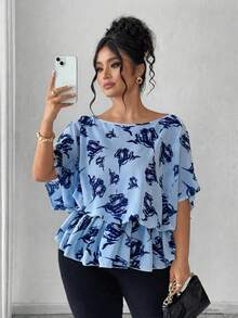 Elenzga Áo kiểu nữ cỡ lớn in họa tiết, tay cánh dơi, rộng rãi và thoải mái, thanh lịch và tinh tế, màu mơ chủ đạo với họa tiết in đen, phù hợp cho các bữa tiệc, tiệc trà chiều, đi làm, áo kiểu cỡ lớn đa năng. - Nhiều màu - Xem 6
