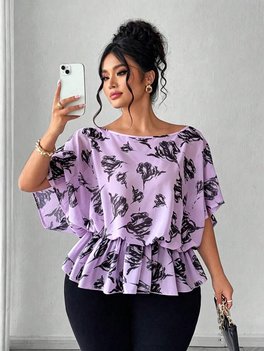 SHEIN Elenzya Áo kiểu nữ cỡ lớn in họa tiết, tay cánh dơi, rộng rãi và thoải mái, màu mơ thanh lịch với họa tiết in đen, phù hợp cho các bữa tiệc, tiệc trà chiều, đi làm, đa năng. - Nhiều màu - Xem 1