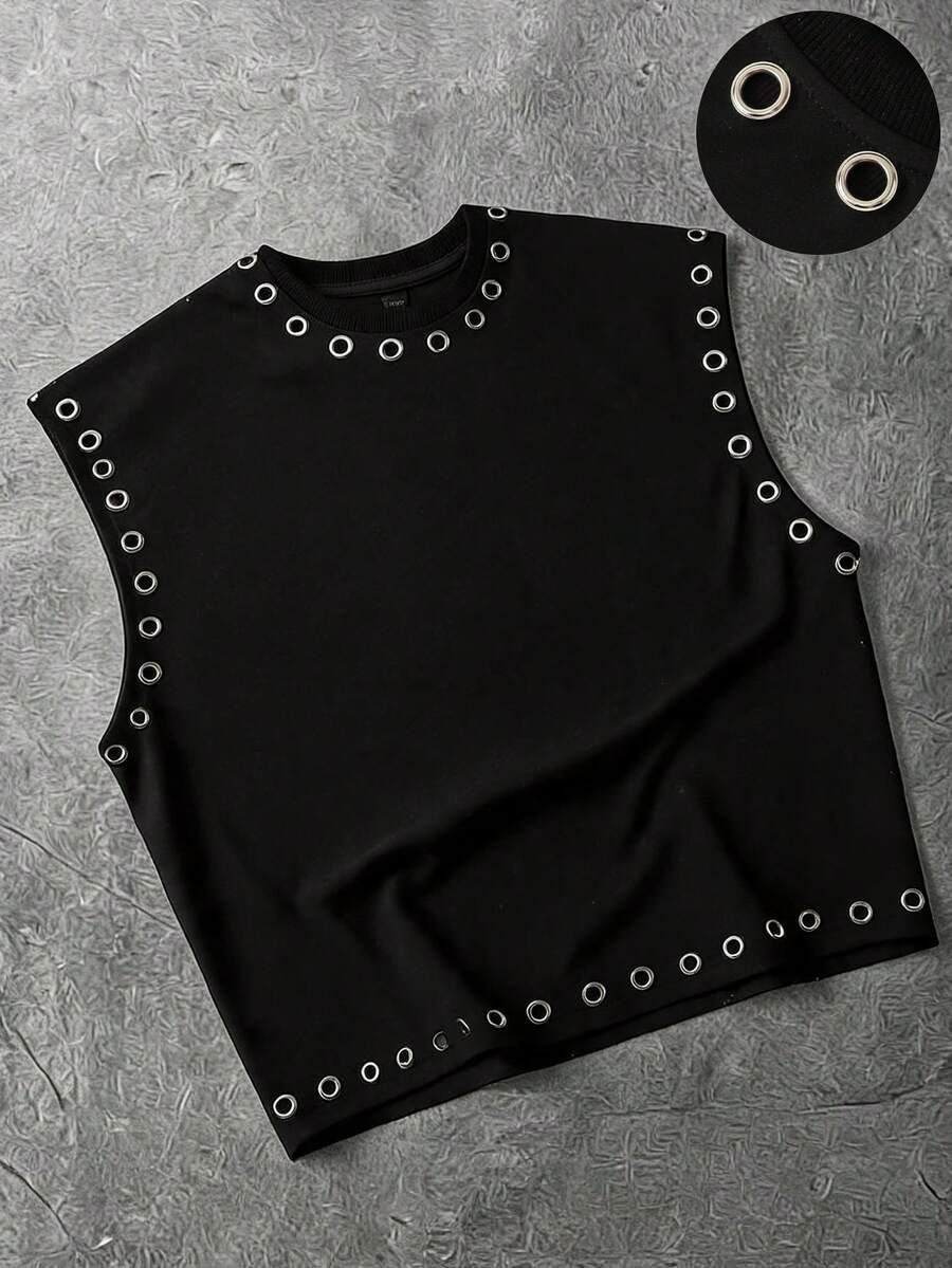 ROMWE MEN Essentials Men's Round Neck Metal Grommet Decor Casual Versatile Daily Wear Top - Black - View 1