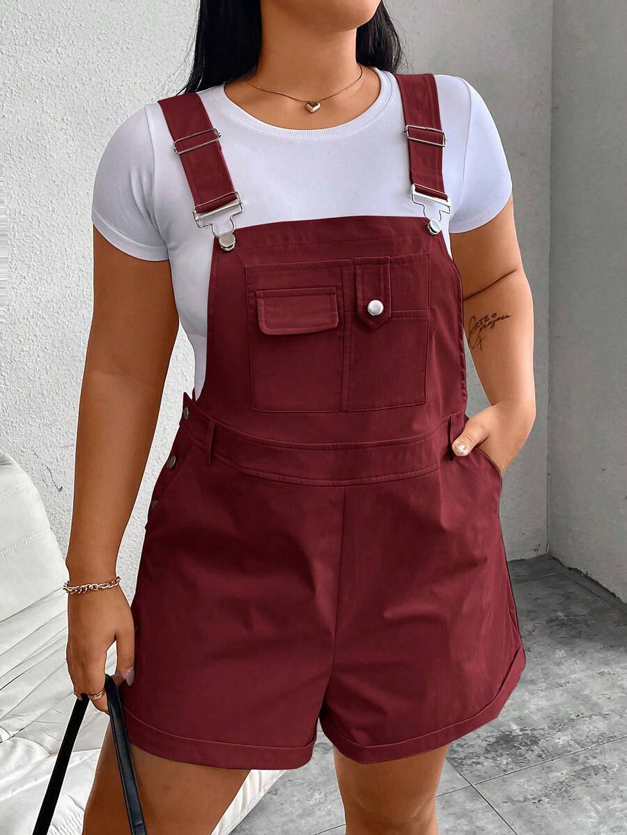 Flirla Plus Size Women Solid Color Pocket Casual Versatile Daily Wear Bib Shorts - Burgundy - View 1