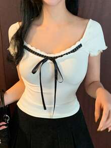 Camiseta ajustada de manga corta con nudo delantero de mujer - Albaricoque - Ver 4