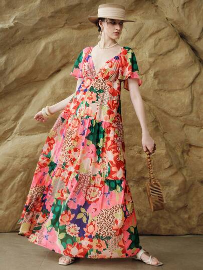 Arave Women's Dress A-Line Floral Print Vacation Chiffon Deep V-Neck Ruffle Sleeve Patchwork Hem Design Bohemian Vacation Style Red Multicolor Print Vacation Summer Young Women Pleated Patchwork Floral And Leopard Patchwork Summer Dresses For Women Sexy Dress Holiday 26-35°C