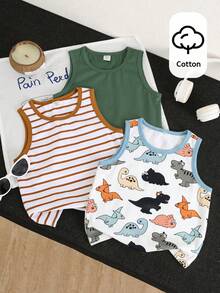 SHEIN 3pcs Kids Boys Cartoon Crocodile Pattern Colorblock Sleeveless Round Neck Tank Top Set - Multicolor - View 5