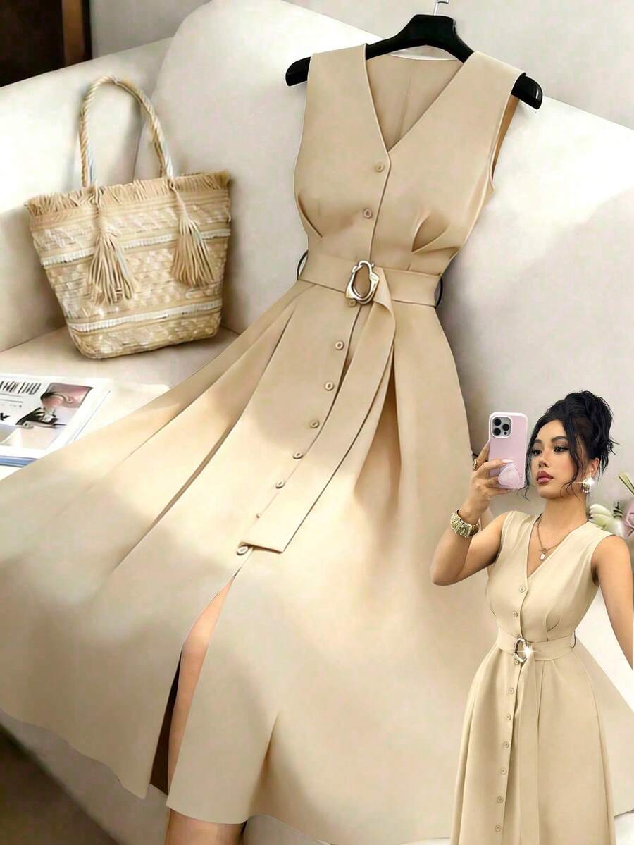Elenzga Áo khoác cardigan dệt kim không tay cổ chữ V mới dành cho nữ, điểm nhấn là vòng kim loại, kiểu dáng thanh lịch, thích hợp mặc lâu dài. - Màu Khaki - Xem 1