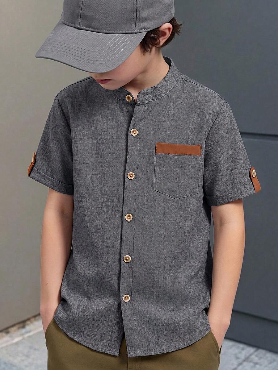 Mirajuku 1pc Tween Boys' Mandarin Collar Solid Blue Casual Short Sleeve Shirt, Versatile Spring/Summer - Grey - View 1
