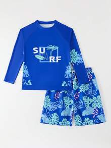 SHEIN 青少年男童休闲度假蓝色棕榈树印花长袖针织面料吊带泳衣套装，搭配沙滩短裤，时尚优雅，适合游泳和夏季海滩穿着。 - 藍色 - 查看 5