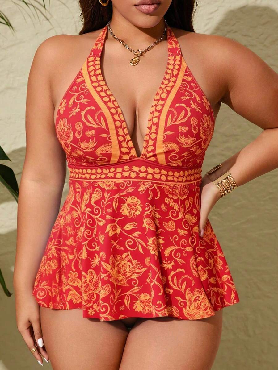 Swim Lushoire Conjunto de bikini de 2 piezas con tirantes finos y espalda descubierta, con estampado multicolor, talla grande - Rojo - Ver 1