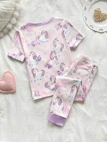 2pcs/Set Young Girl' Cute Rainbow Horse Print Short Sleeve Leggings Pajama Set - Pink - View 4