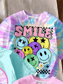3pcs/Set Fashionable Personalized Face Series T-Shirts, Bright Blue, Bright Pink, Tie-Dye Colorful, Tween Girls Casual Minimalist Short Sleeve Round Neck T-Shirts Suitable For All Seasons Daily Wear, Suitable For Campus, Outing, Street, Vacation, Homecoming, Spring & Summer Outfits For Easy Comfort, Stylish Girls, Casual Wear, Kids Cartoon Face Graphic T-Shirts, Chic, New Style, Relaxed Chic, Homecoming, Relaxed Chic, Chill Vibe Outfits - Multicolor - View 3