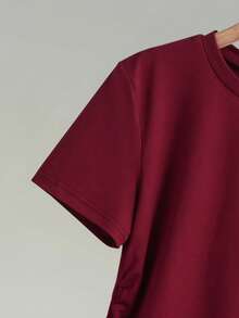 1 pièce, manches courtes, décontracté, imprimé décalé, printemps et été, ensemble de déplacement pour adolescentes, pantalon droit sport et décontracté, ensemble deux pièces léger et confortable à manches courtes. - Rouge foncé - Voir 3
