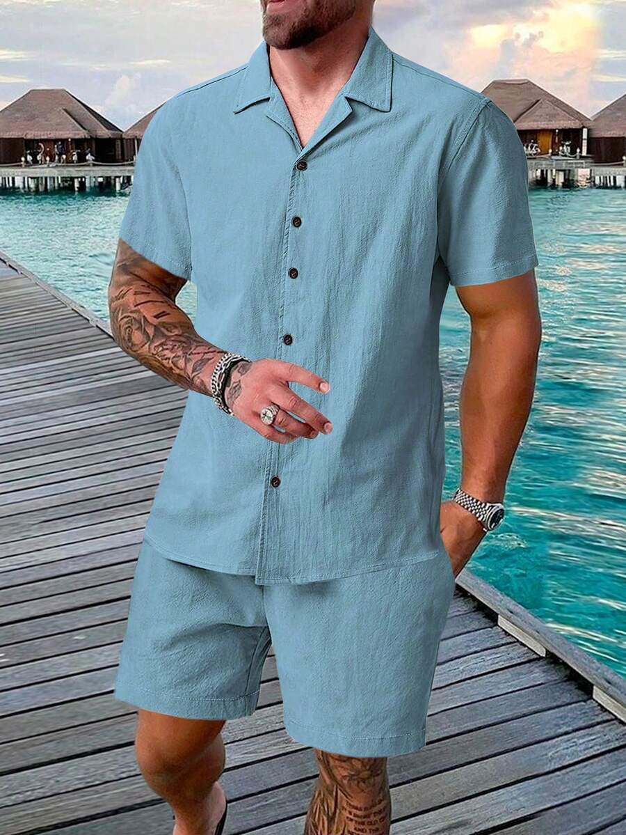 Genlund Men's Textured Solid Color Single-Breasted Short Sleeve Shirt And Drawstring Waist Pocket Shorts 2-Piece Set, Holiday - Baby Blue - View 1