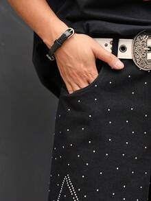 Manfinity EMRG Men's Summer Fashion Street Style Rhinestone Embellished Slant Pocket Wide Leg Denim Shorts - Black - View 5