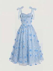 Skyraze Women's Elegant Applique Contrast Mesh Cinched Waist Midi Dress, Suitable For Summer Vacation - Baby Blue - View 2