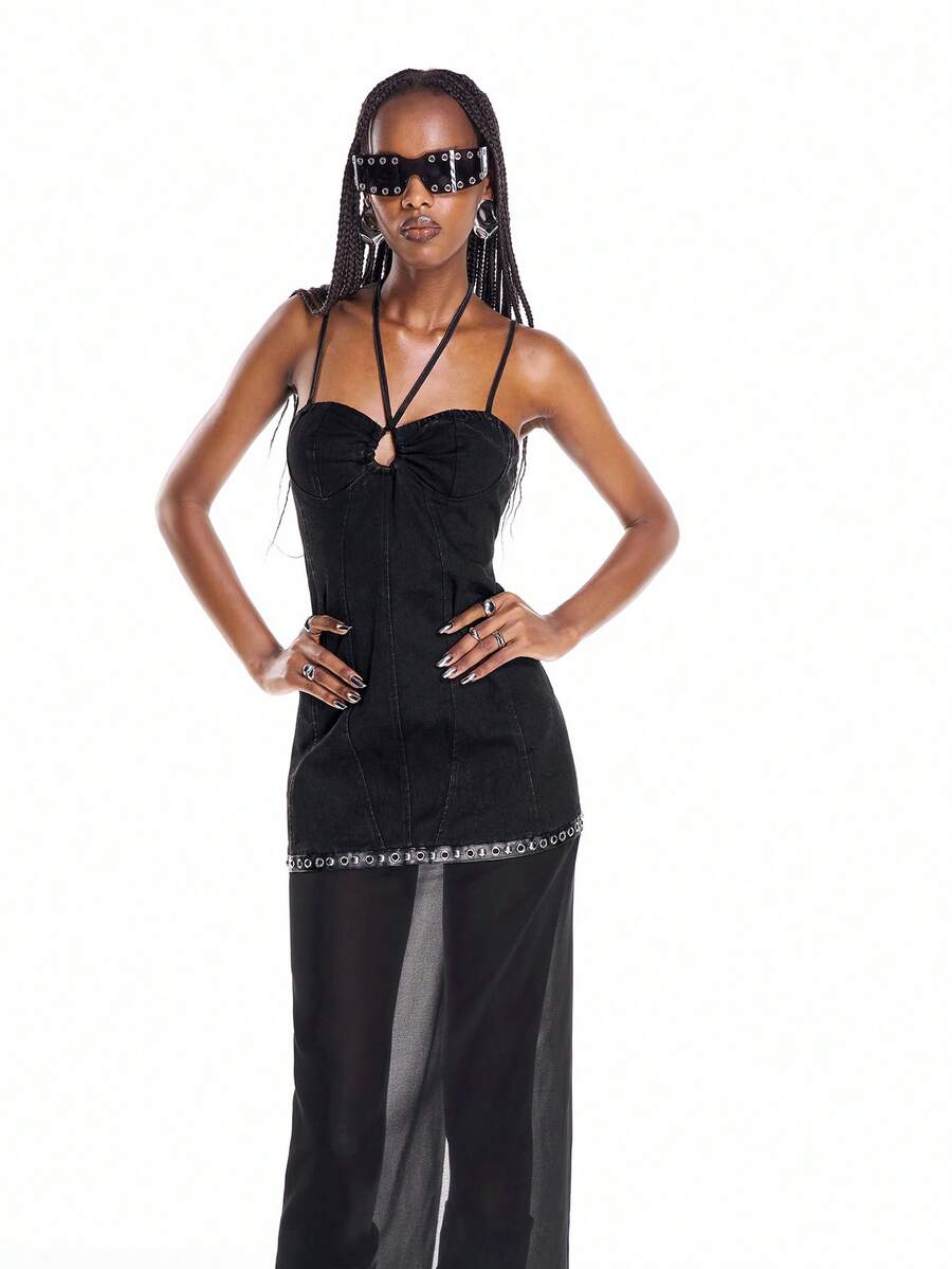 Airlisse Black Y2K Punk Autumn Cowgirl Slip Mini Dress, Halter Cross Cutout Eyelet Trim Bodycon Mesh Overlay Party Gown Night Out Black Autumn - Black - View 1