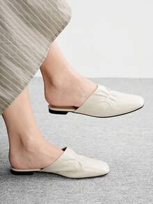CUCCOO BIZCHIC Minimalist Pleated Soft Leather Women's Summer, Versatile Square Toe Flat-Soled Mule Shoes - Beige - View 1