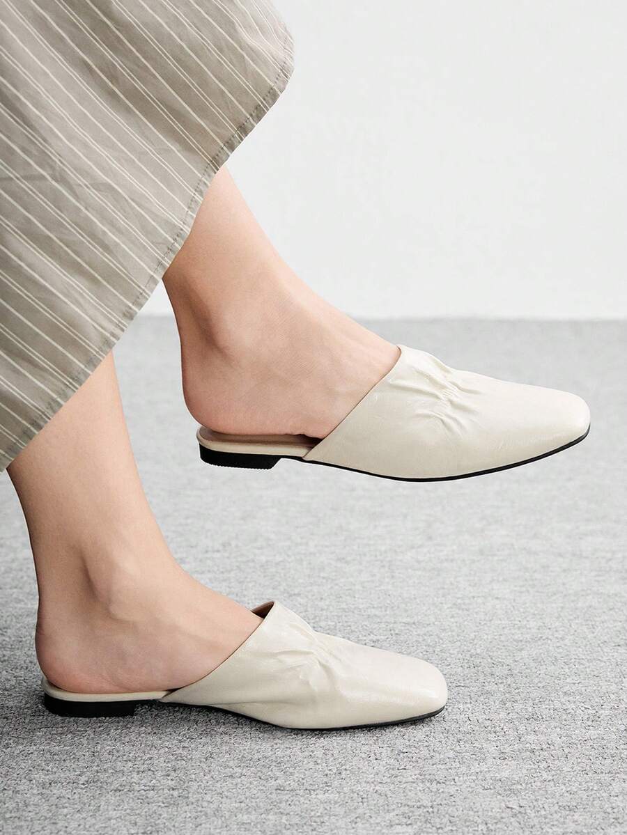 CUCCOO BIZCHIC Minimalist Pleated Soft Leather Women's Summer, Versatile Square Toe Flat-Soled Mule Shoes - Beige - View 1