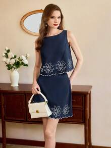 Vintamour Vintage Classic Elegant 2-Piece Set, Spring/Summer Boat Neck Top And Short Skirt, Floral Print 2-Piece Set, Wave Hem Embroidered 2-Piece Set, Navy Blue 2-Piece Set New Arrival Dress For Women Casual Graudation Dress For Women Fleurora Spring And Summer Elegant Dress Outer Wear For Sleeveless Dress - Navy Blue - View 4